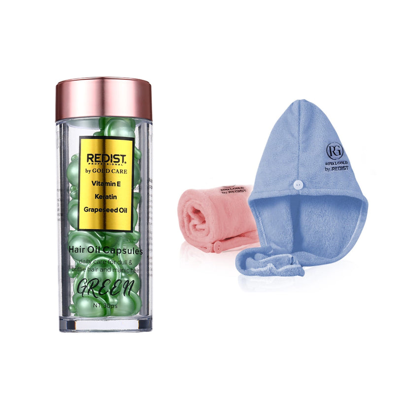 Capsule Green pentru un par sanatos cu Vitamina E, Keratina si Ulei din samburi de Struguri Redist, 30 buc + Set 2 prosoape pentru par Redist by Royal Gold
