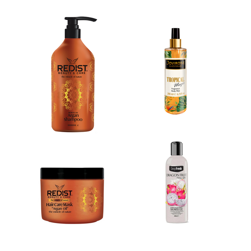 Sampon cu ulei de Argan Redist 1000 ml + Masca par cu Argan Redist + Body mist Tropical Magic + Gel de dus exfoliant Dragon Fruit