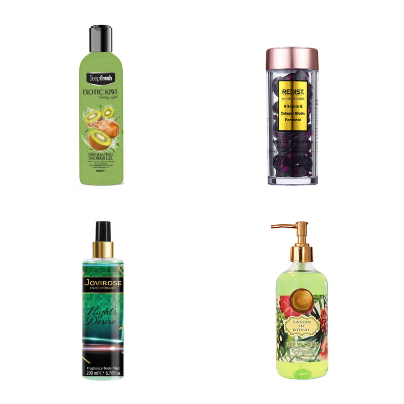 Capsule pentru par Biotina Purple Redist + Gel de dus exfoliant cu Kiwi + Body mist Night's Desire + Sapun lichid Savon de Royal from my Garden