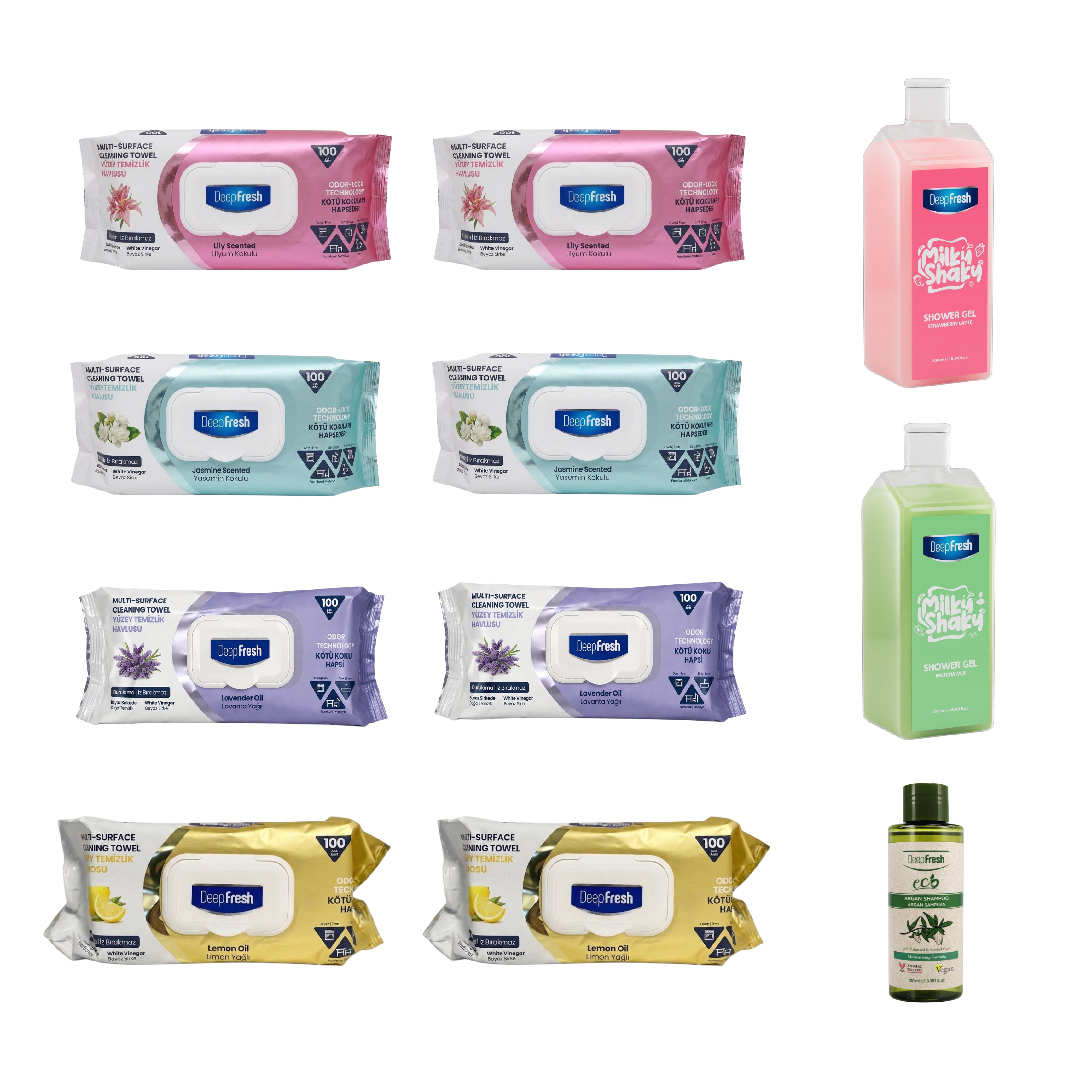 Pachet mixt 8 pachete șervețele Deep Fresh cu bicarbonat și oțet + Geluri de duș Milky Shaky Deep Fresh + Șampon Eco Argan