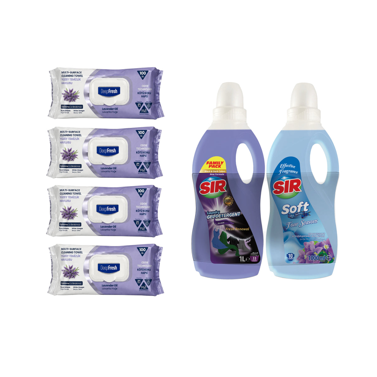 Şerveţele umede pentru multi suprafeţe cu bicarbonat şi oțet Odor Lock Lavandă Deep Fresh 100 de bucăți × 4 pachete + Detergent rufe negre + Balsam rufe