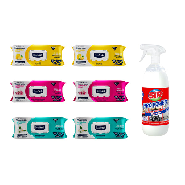 Pachet mixt 6 șervețele Odor-Lock technology Deep Fresh + Soluţie pentru ȋndepartarea petelor multi suprafeţe Sir Pro Power