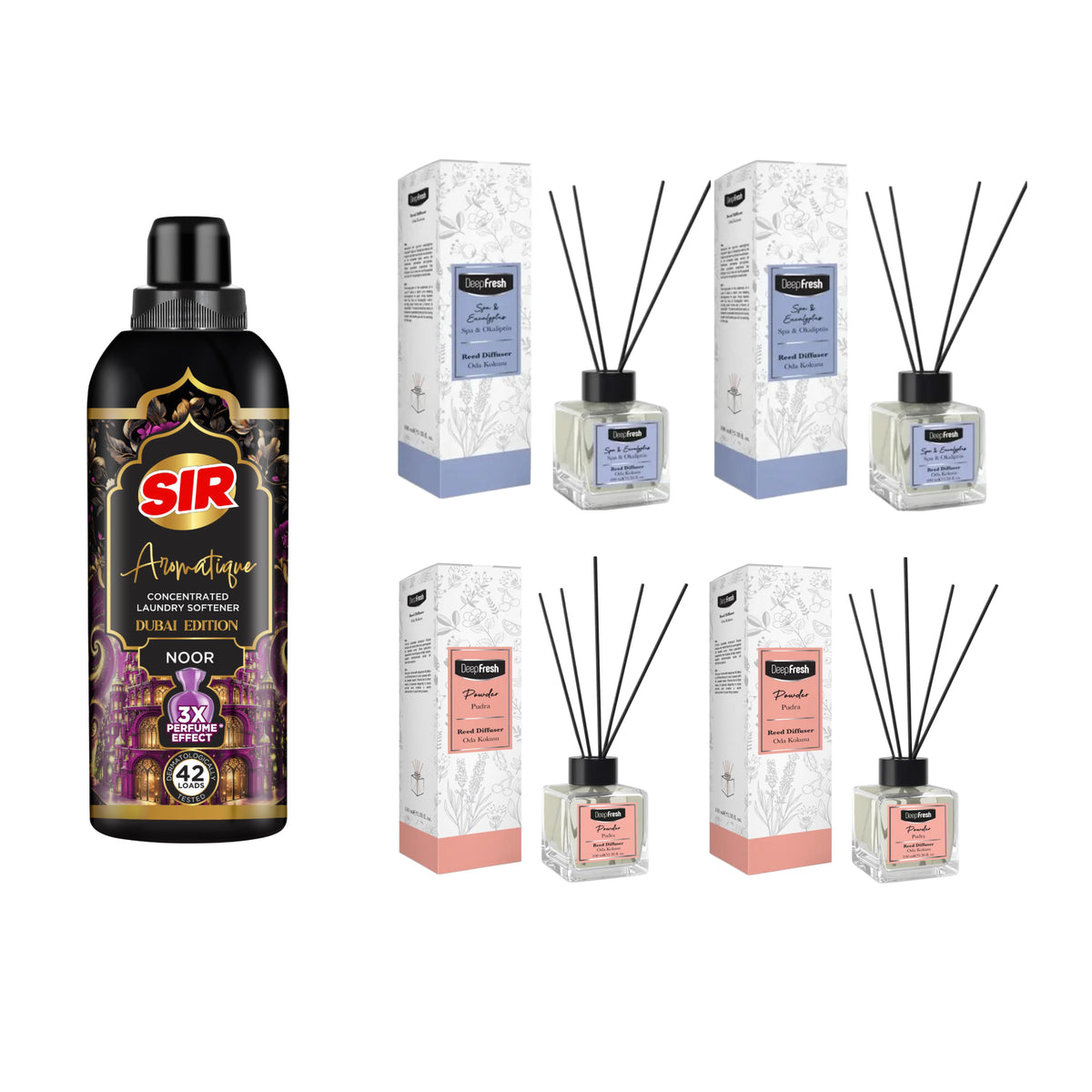 Balsamul de rufe ultra-concentrat SIR Aromatique Dubai Edition NOOR + Odorizant de cameră cu bețişoare Deep Fresh  POWDER × 2 bucăți + Odorizant de cameră cu bețişoare Deep Fresh  SPA & EUCALYPTUS × 2 bucăți