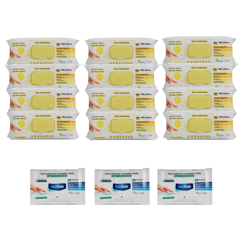 Şerveţele umede pentru multi suprafeţe cu lămâie, bicarbonat şi oțet Deep Fresh 100 de bucăți  × 12 pachete + Şerveţele umede pentru multi suprafeţe cu bicarbonat şi oțet Deep Fresh 10 bucăți × 3 pachete