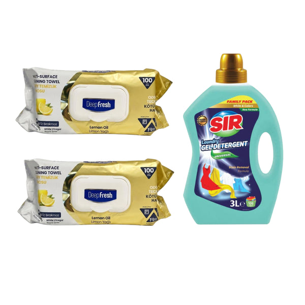 Şerveţele umede pentru multi suprafeţe cu Lămâie, bicarbonat şi oțet Deep Fresh Odor Lock Technology 100 de bucăți x 2 pachete + Detergent pentru haine albe și colorate Sir White & Colors 3 Litri