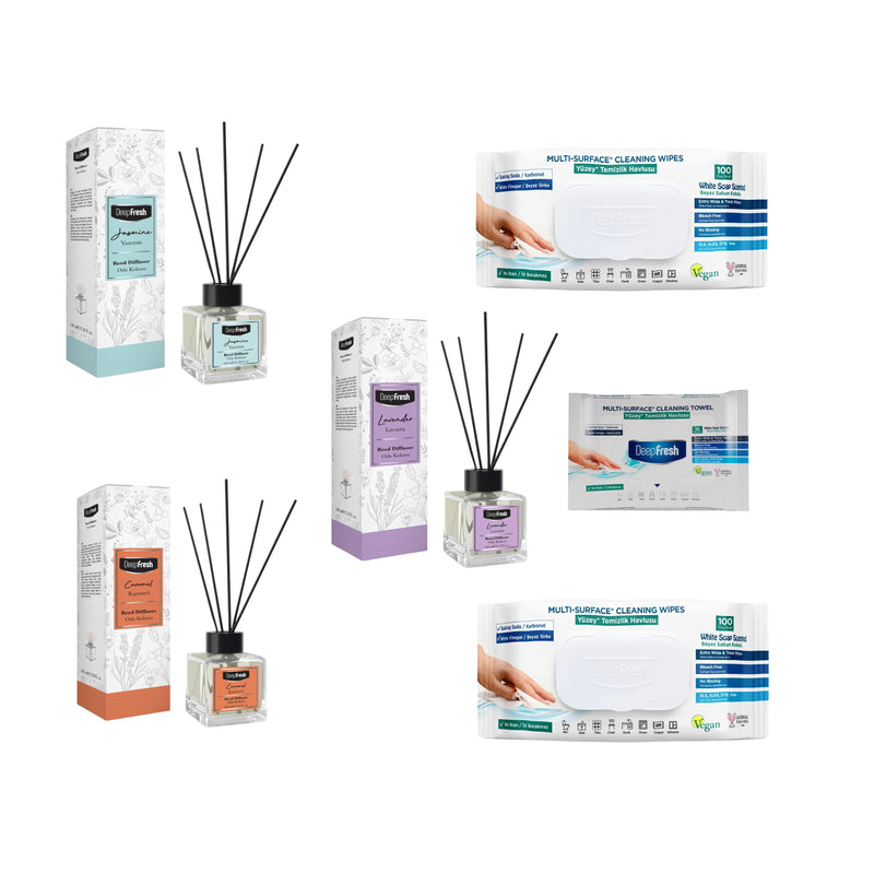 Odorizant de camera cu betisoare DeepFresh 100 ml × 3 bucaţi  + Şerveţele umede pentru multi suprafeţe cu bicarbonat şi oțet Deep Fresh 100 de bucăți × 2 pachete  + Servetele umede DeepFresh 10 bucăți