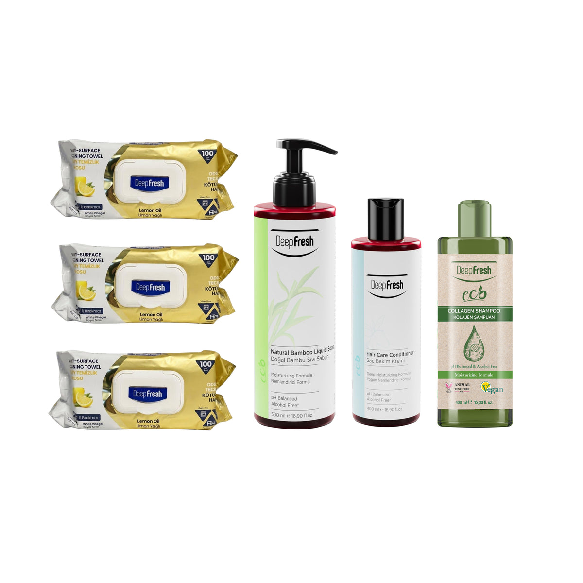 Șervețele mulți suprafețe cu Lămâie bicarbonat și oțet Deep Fresh Odor Lock Technology 100 buc × 3 pachete + Gama DeepFresh Eco