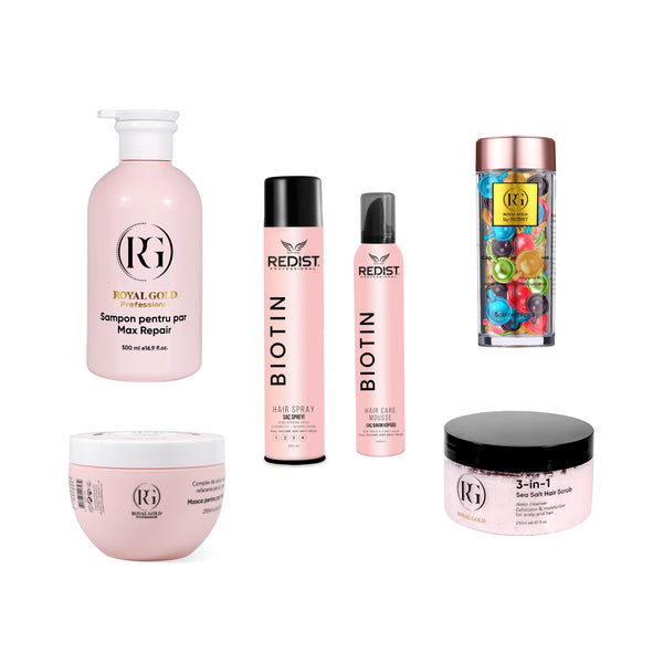 Pachet reparare și volum: Gama Max Repair Pink + Scrub pentru scalp 3 în 1 + Capsule ser tratament Mixt + Spumă Hair Care Biotin + Fixativ Volum Biotin