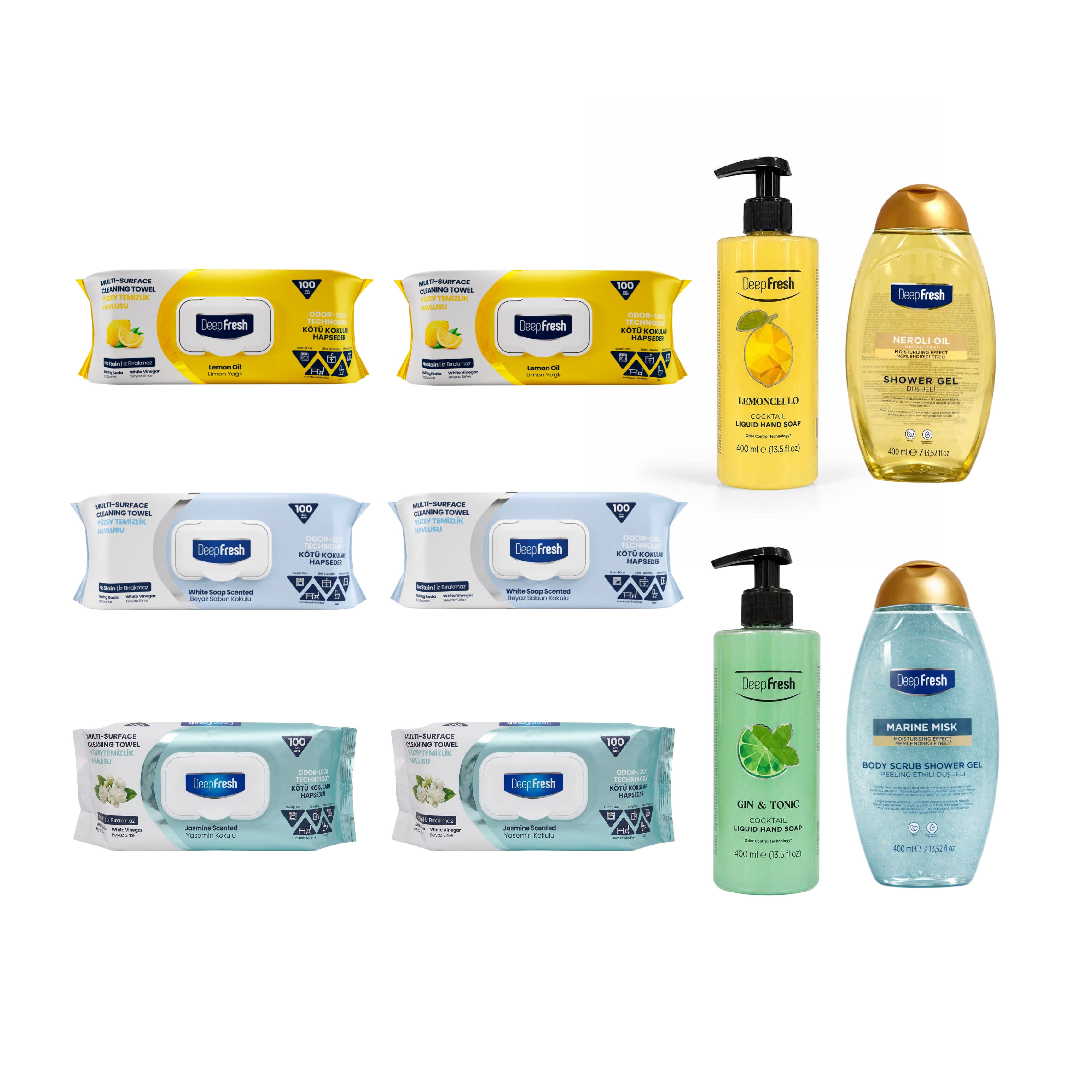 Mix & Mach: 2 x Șervețele Deep Fresh Lămâi + 2 x Clasic Odor Lock + 2 x Iasomie + 1 x Gel duș Neroli Oil + 1 x Scrub Marine Misk + 1 x Săpun lichid Limoncello + 1 x Sapun lichid Gin Tonic