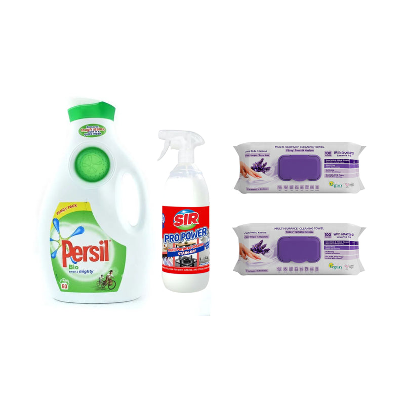 Soluţie pentru ȋndepartarea petelor multi suprafeţe Sir Pro Power 1000 ml + Detergent Persil Bio 60 de spalari + Şerveţele umede pentru multi suprafeţe cu lavandă , bicarbonat şi oțet Deep Fresh 100 de bucăți × 2 pachete
