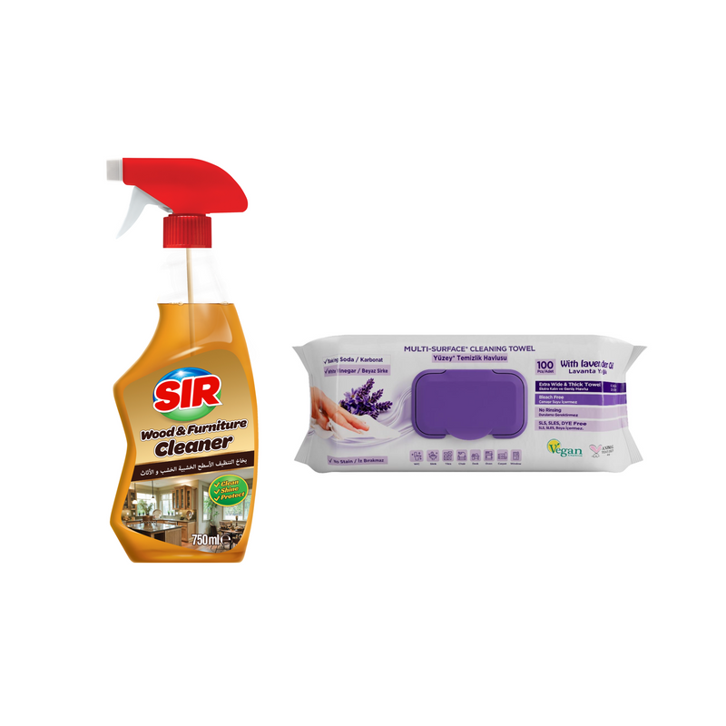 Soluția pentru curățarea mobilei și lemnului SIR cu pulverizator 750 ml + Şerveţele umedepentru multi suprafeţe cu lavandă , bicarbonat şi oțet Deep Fresh 100 de bucăți