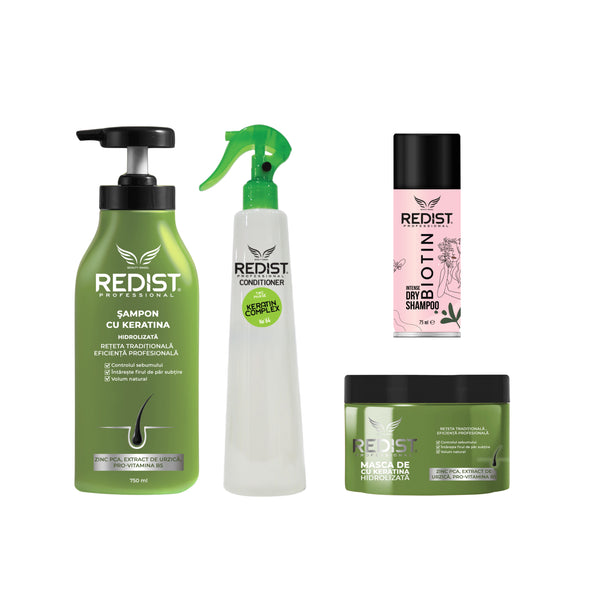 Gama Redist Keratină hidrolizată + Balsam bifazic cu Keratină + Șampon uscat Biotin - Redist