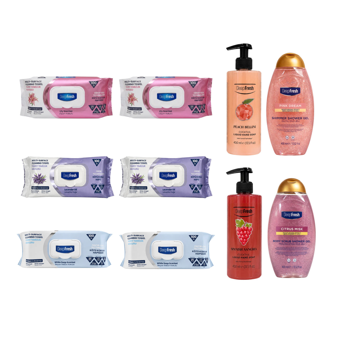 Mix & Mach: 2 x Șervețele Deep Fresh Crini + 2 x Lavandă + 2 x Clasic Odor Lock + 1 x Gel de duș cu Sclipici Pink Dream + 1 x Citrus Misk scrub + 1 x Sapun lichid Bellini + 1 x Sangria Deep Fresh