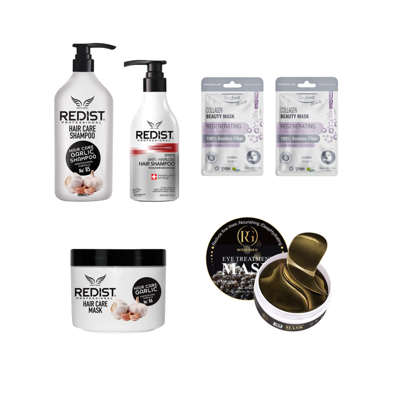Sampon cu usturoi 1000 ml si Masca cu usturoi + Sampon Anti Hair Loss 500 ml + Patchuri pentru ochi Caviar 60 bucăți + Masca servetel pentru fata revitalizanta cu Collagen Deep Fresh × 2 buc
