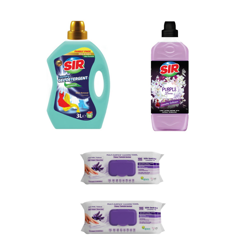 Detergent pentru haine albe și colorate Sir White & Colors + Balsam de rufe Sir Purple Lovers + Şerveţele umede multi suprafeţe cu lavandă , bicarbonat şi oțet Deep Fresh 100 de bucăți × 2 pachete