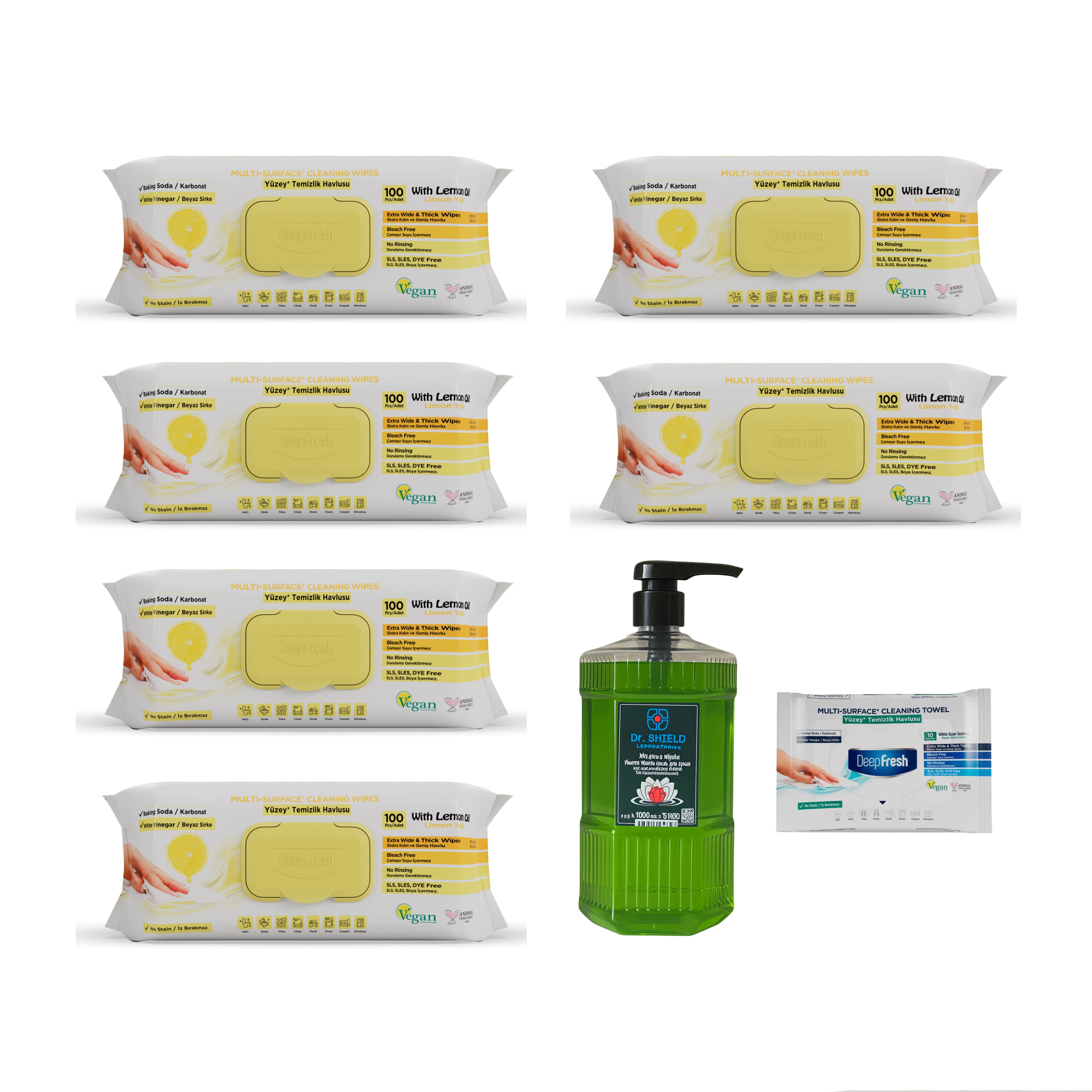 Şerveţele umede pentru multi suprafeţe cu lămâie , bicarbonat şi oțet Deep Fresh 100 de bucăți × 6 pachete + Cadou: Sapun lichid pentru mâini Dr. Shield 1000 ml + Şerveţele umede pentru multi suprafeţe cu bicarbonat şi oțet Deep Fresh 10 bucăți - Redist