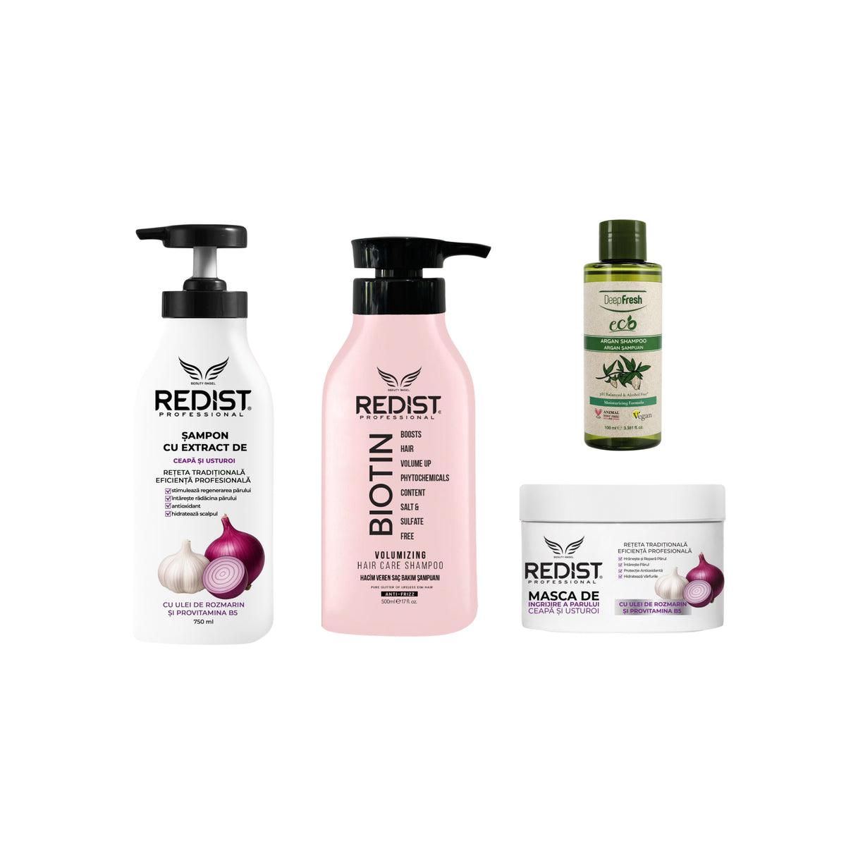 Gama cu extract de ceapă și usturoi Redist + Șampon Biotina Redist + Șampon Eco cu ulei de Argan DeepFresh