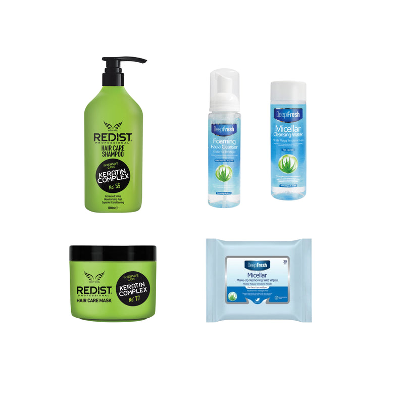 Sampon profesional cu Keratina Redist 1000 ml + Masca profesionala pentru par cu Keratina Redist 500 ml + Pachet pentru curatarea si ingrijirea tenului Deep Fresh - Gama Micellar