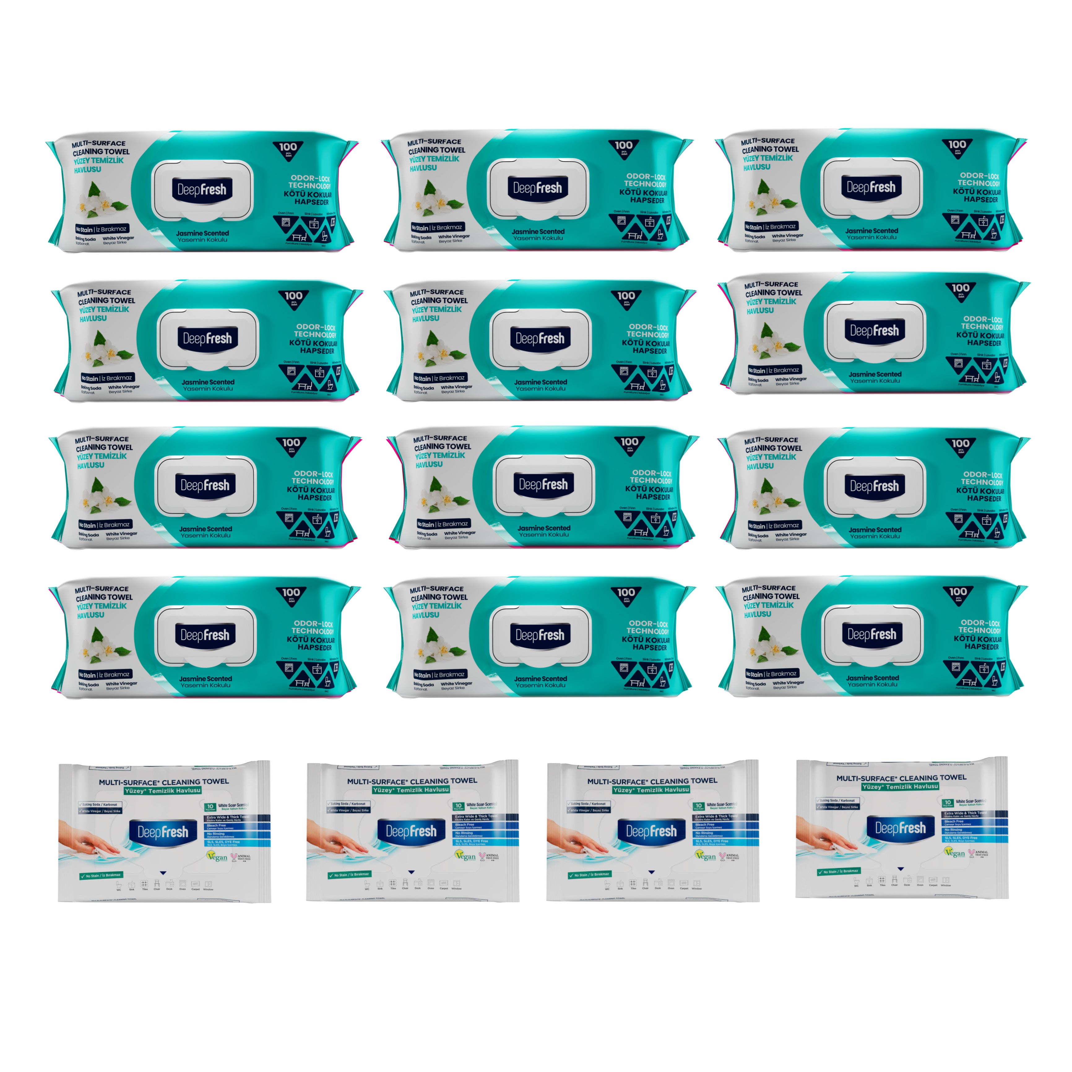 Şerveţele umede pentru multi suprafeţe cu bicarbonat şi oțet  Jasmine Deep Fresh 100 bucăți × 12 pachete și 4 pachete Șervețele mulți suprafețe cu bicarbonat și oțet Deep Fresh (pachet mini 10 bucăți)