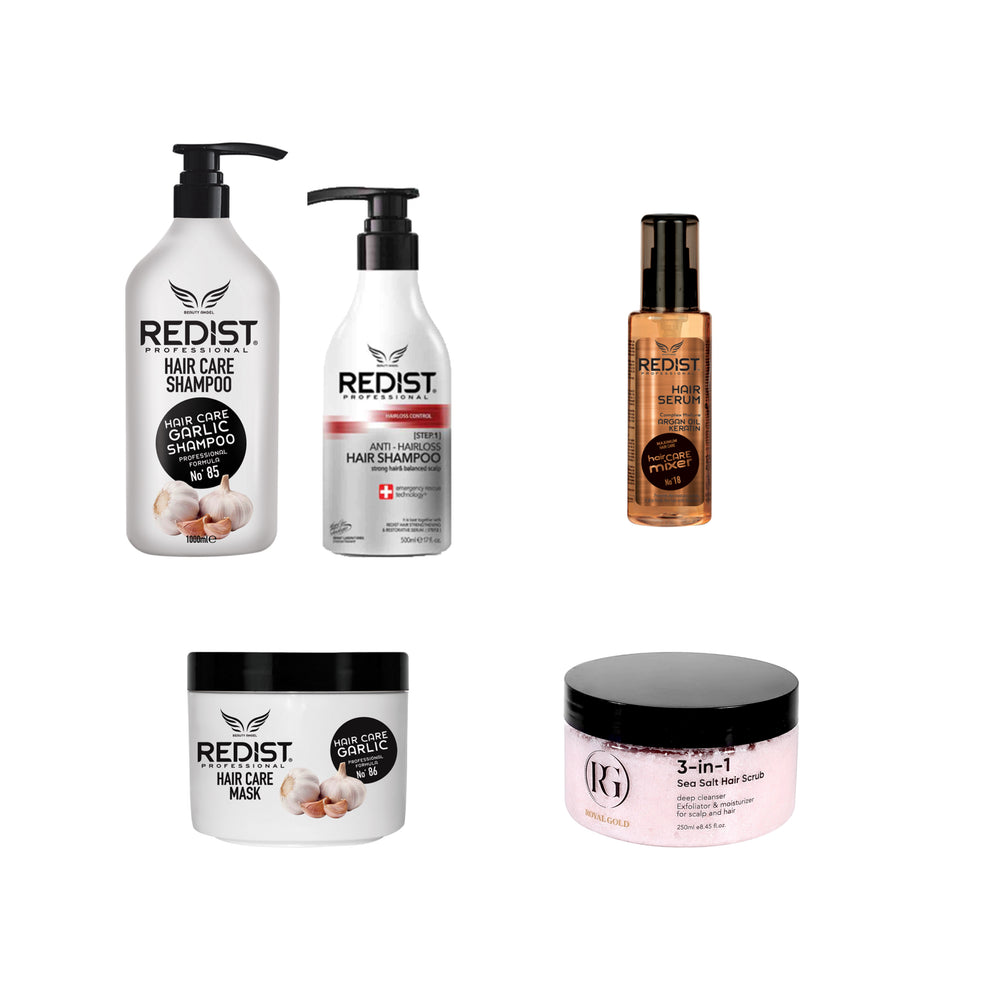 Sampon cu usturoi 1000 ml si Masca cu usturoi + Sampon Anti Hair Loss Redist 500 ml + Serul cu Argan si Keratina Redist 125 ml + Scrub pentru scalp 3 în 1 Royal Gold 250 ml - Redist