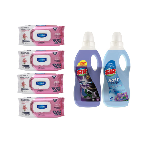 Şerveţele umede pentru multi suprafeţe cu bicarbonat şi oțet Odor Lock Crini Deep Fresh 100 de bucăți × 4 pachete + Detergent rufe negre + Balsam rufe