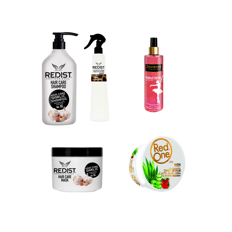 Sampon cu usturoi 1000 ml + Masca cu usturoi + Balsam bifazic Milk & Honey Redist 400 ml + Scrub exfoliant pentru ten și corp cu capsuni și Aloe Vera Redone 450 ml + Body mist Shiny Pink Desire 200 ml