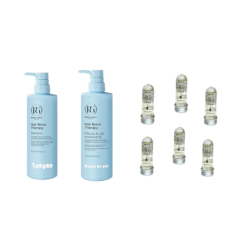 Șampon Hair Boto Therapy by Royal Gold 500 ml + Mască de păr revitalizantă Boto Therapy  by Royal Gold 500 ml + Mască de păr lichidă fiolă tratament Redist 13 ml × 6 bucăți
