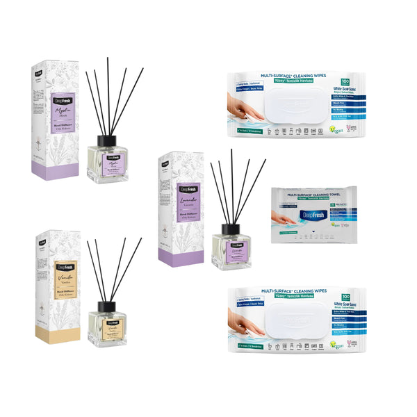 Odorizant de camera cu betisoare DeepFresh 100 ml × 3 bucaţi  + Şerveţele umede pentru multi suprafeţe cu bicarbonat şi oțet Deep Fresh 100 de bucăți × 2 pachete  + Servetele umede DeepFresh 10 bucăți - Redist