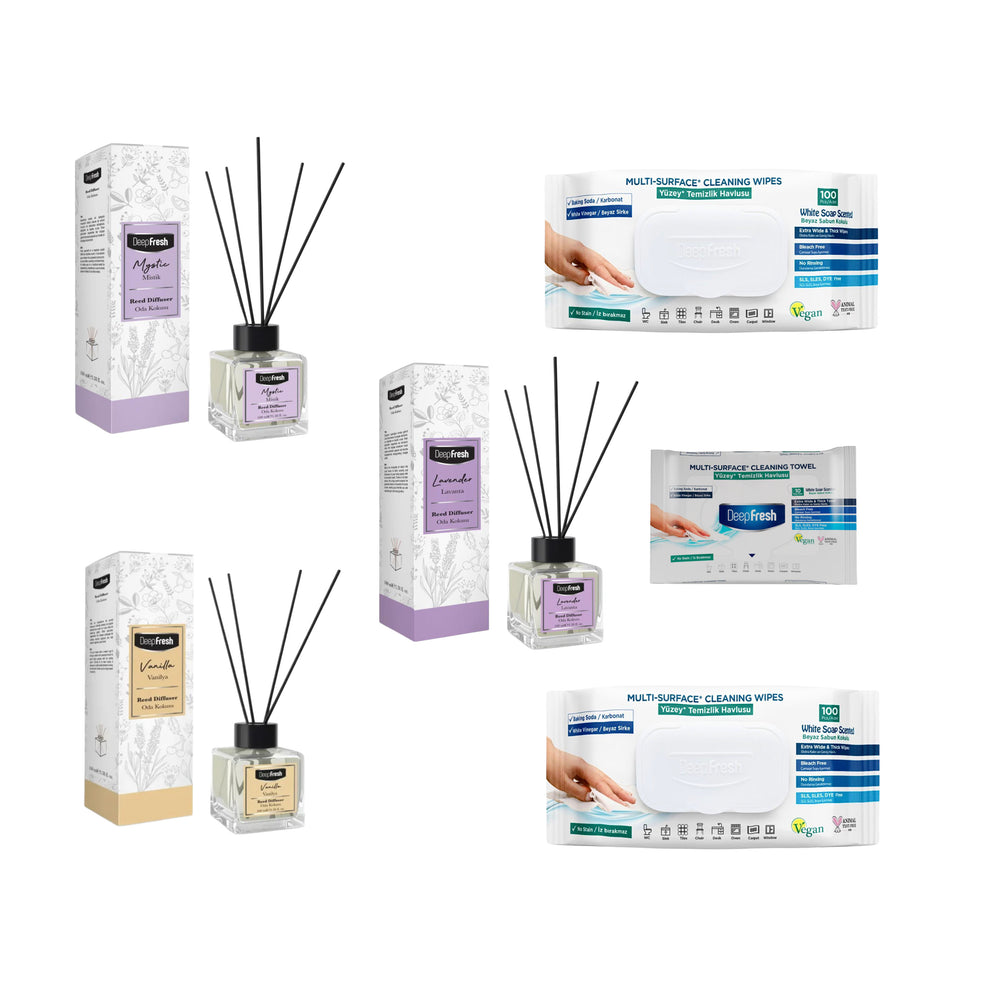 Odorizant de camera cu betisoare DeepFresh 100 ml × 3 bucaţi  + Şerveţele umede pentru multi suprafeţe cu bicarbonat şi oțet Deep Fresh 100 de bucăți × 2 pachete  + Servetele umede DeepFresh 10 bucăți - Redist