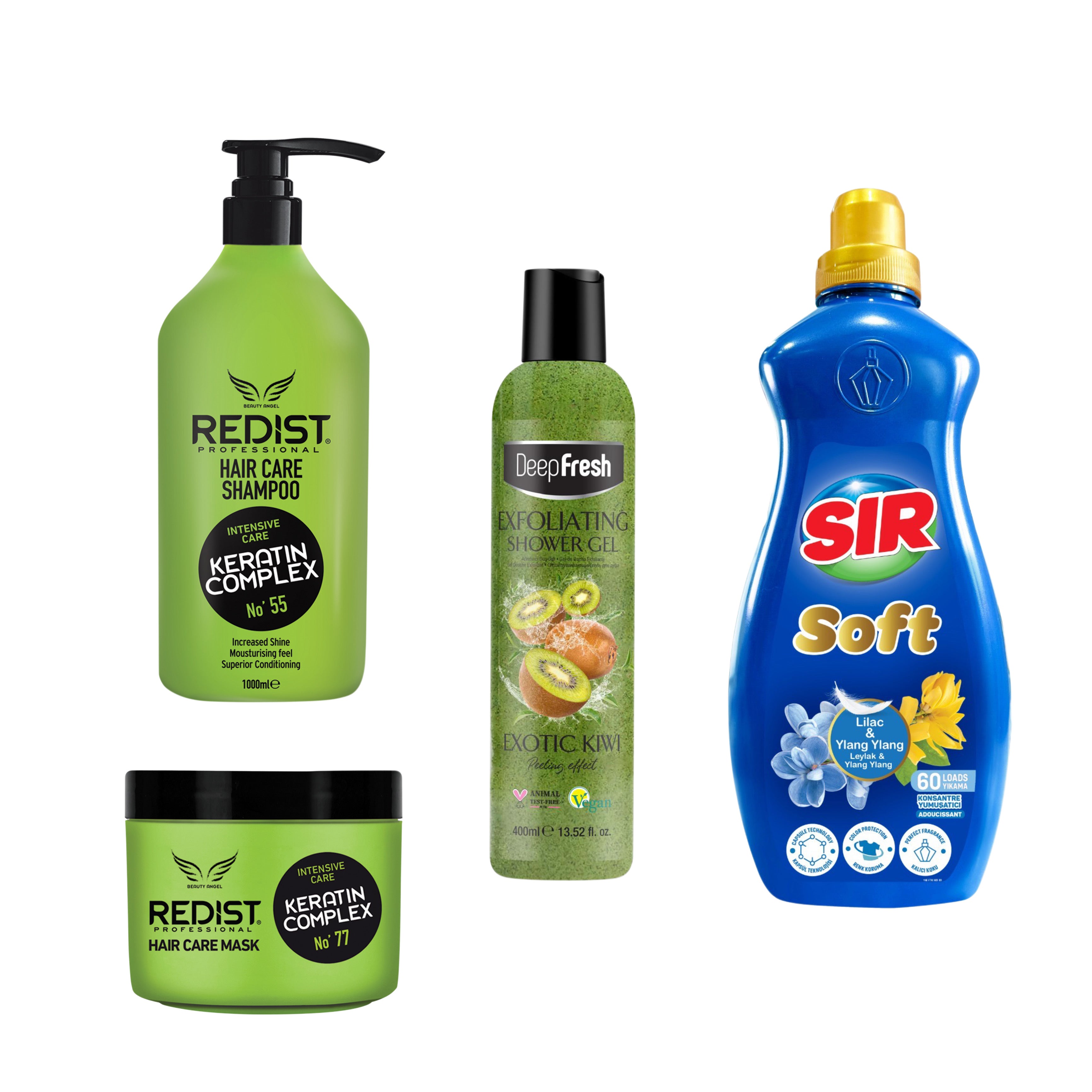Gama Redist Keratină + Gel de duș exfoliant Exotic Kiwi + Balsam Rufe Liliac & Ylang Ylang