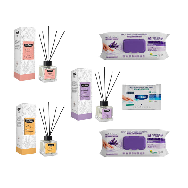 Odorizant de camera cu betisoare DeepFresh 100 ml × 3 bucaţi  + Şerveţele umede pentru multi suprafeţe cu lavandă , bicarbonat şi oțet Deep Fresh 100 de bucăți × 2 pachete  + Servetele umede DeepFresh 10 bucăți