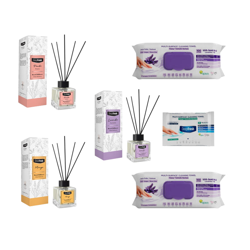 Odorizant de camera cu betisoare DeepFresh 100 ml × 3 bucaţi  + Şerveţele umede pentru multi suprafeţe cu lavandă , bicarbonat şi oțet Deep Fresh 100 de bucăți × 2 pachete  + Servetele umede DeepFresh 10 bucăți