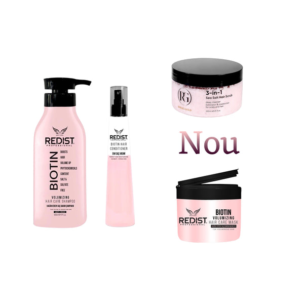 Gama Redist Biotin : Sampon Biotina 500 ml + Masca Biotina 250 ml + Balsamul bifazic pentru par cu Biotina Redist 225 ml + Scrub pentru scalp 3 în 1 Royal Gold 250 ml - Redist