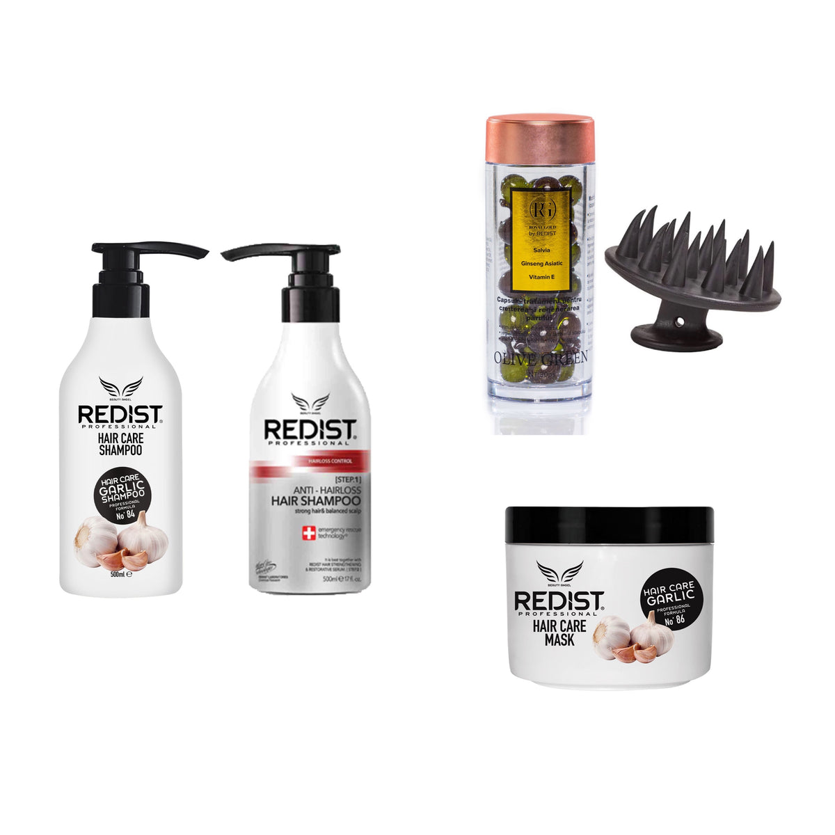 Pachet profesional împotriva căderii părului, creștere și regenerare Sampon usturoi 500 ml + Masca usturoi 475 ml + Capsule ser tratament scalp pentru cresterea si regenerarea parului cu Salvie 30 buc +  Perie pentru scalp - Redist