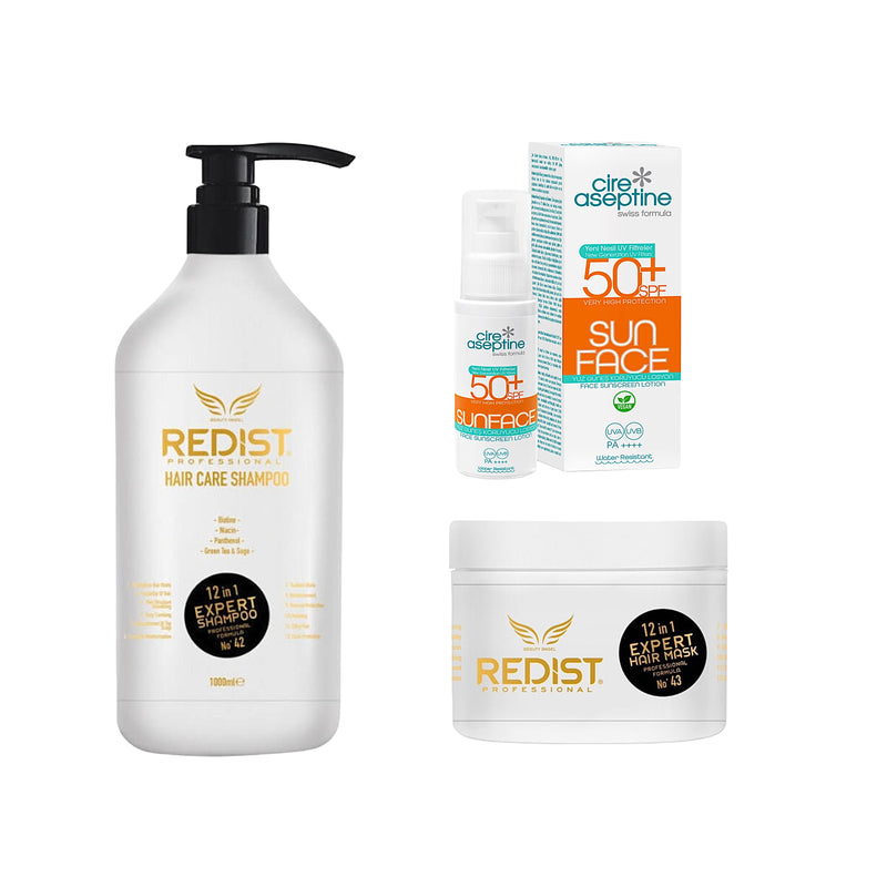 Sampon Redist Professional 12 in 1 Expert 1000 ml + Masca de păr Redist Professional 12 in 1 Expert 500 ml+ Lotiune pentru fata Cire Aseptine Sunscreen 50 SPF 60 ml