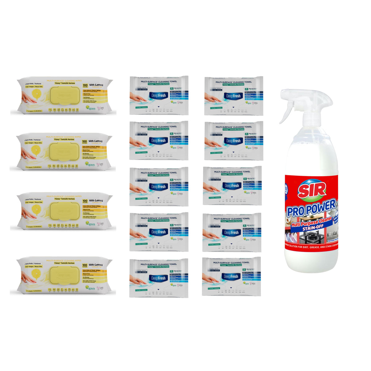 Pachet 4 șervețele Odor-Lock technology Deep Fresh Lămâie + 10 pachete Mini Clasice + Soluţie pentru ȋndepartarea petelor multi suprafeţe Sir Pro Power
