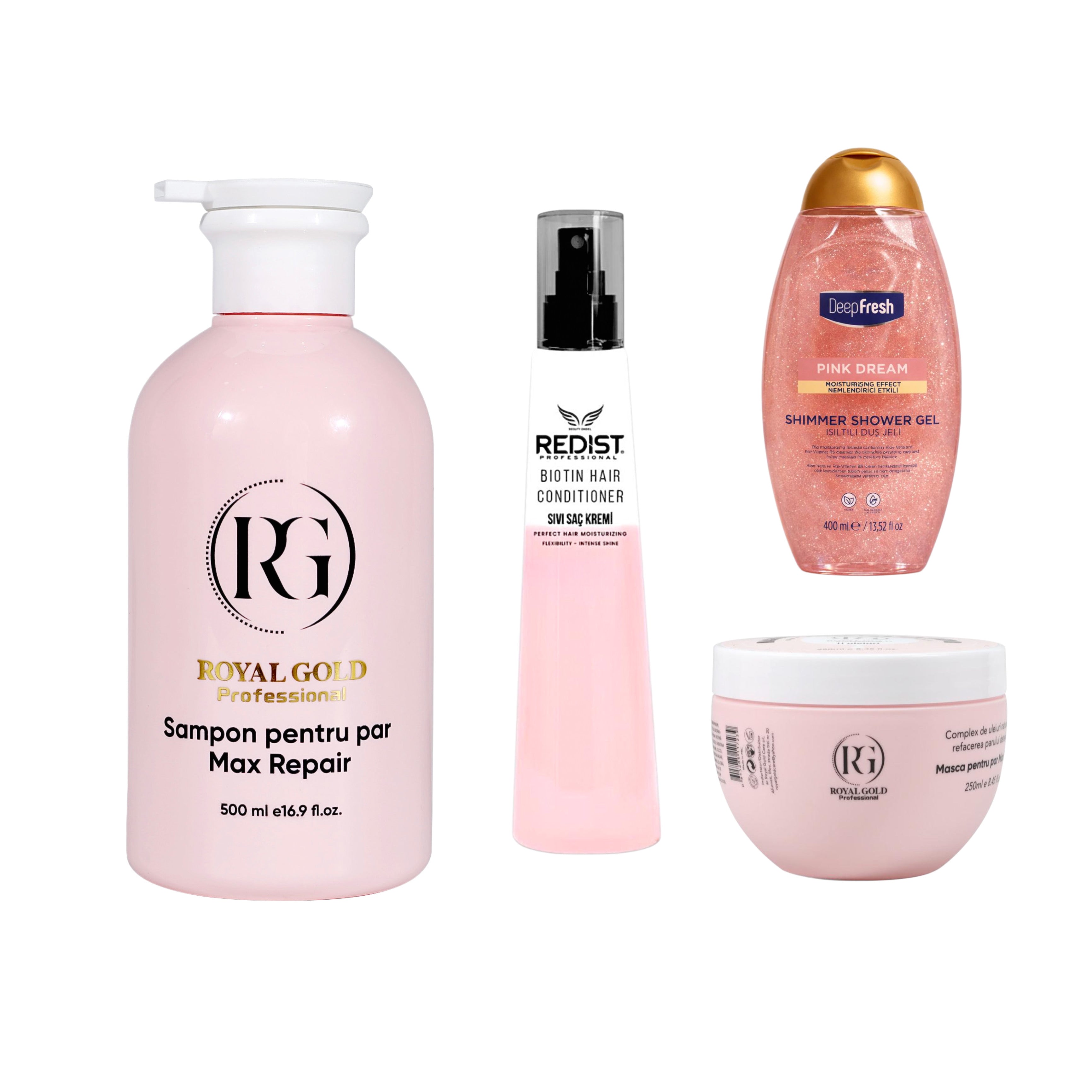 Gama reparatoare Max Repair Pink + Balsam Bifazic cu protecție termică Redist Biotin + Gel de duș cu sclipici Pink Dream