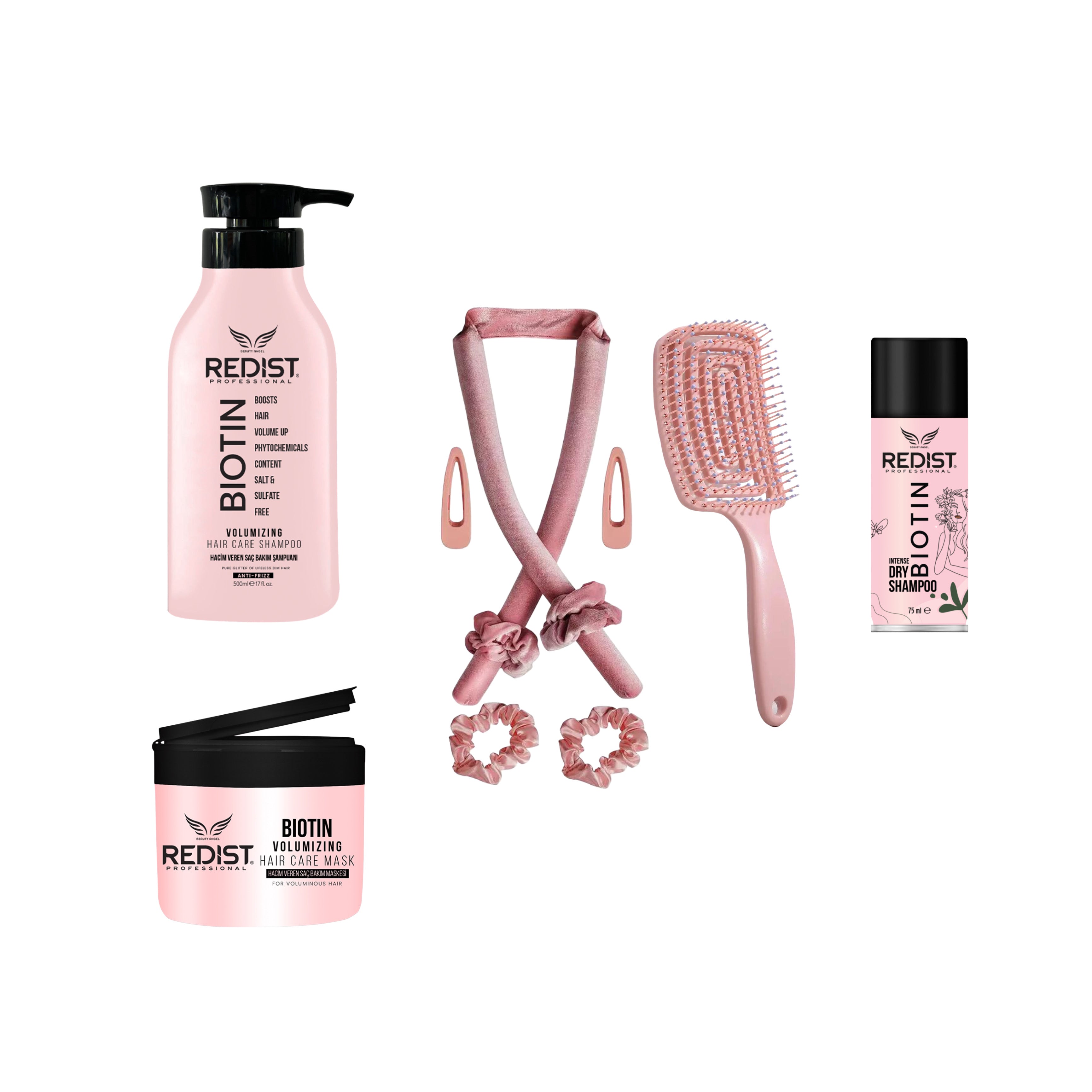 Pachet pentru bucle și volum Redist Biotin + Cordon bucle + Şampon uscat biotin + Perie păr - Redist