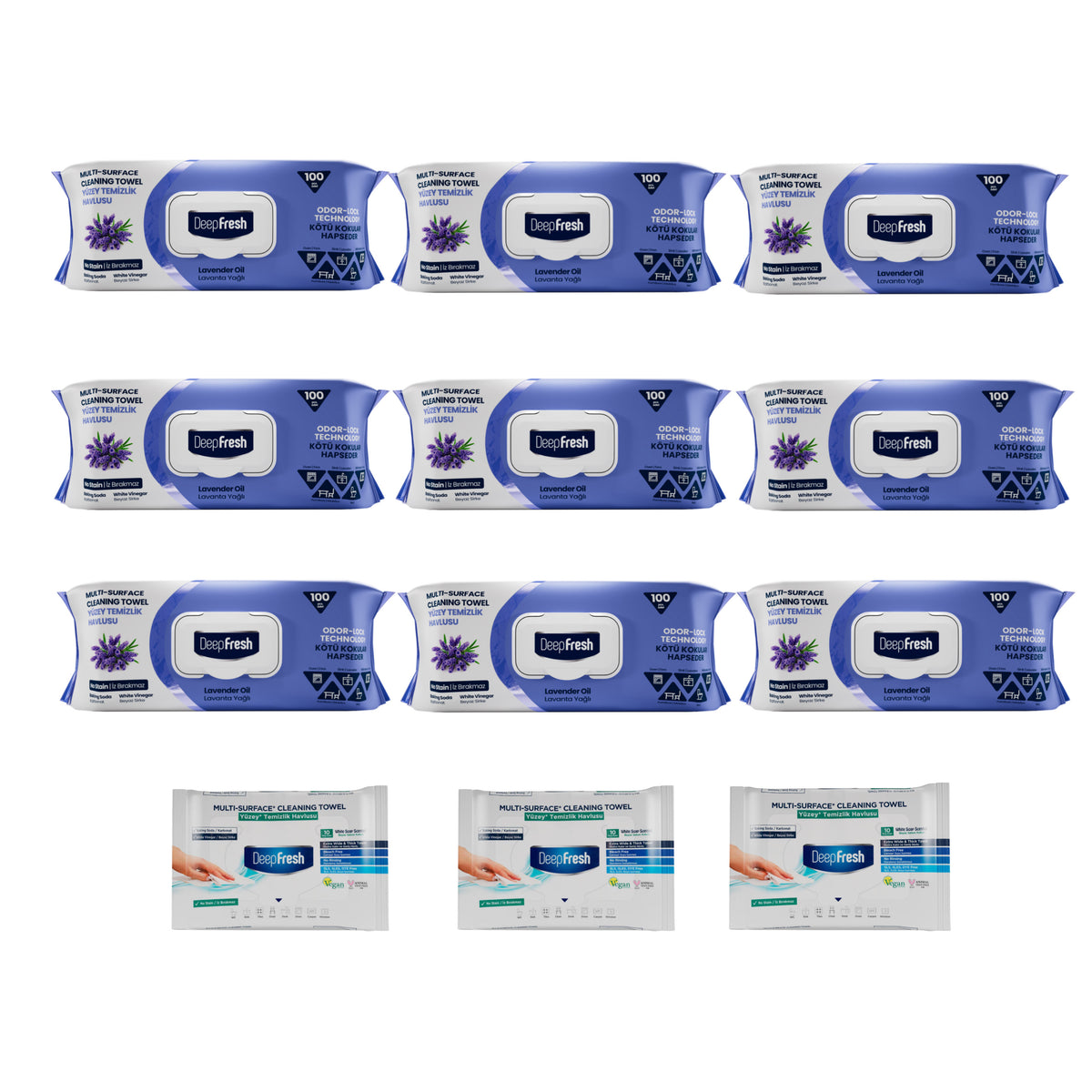 9 x Șervețelele mulți suprafețe cu Lavandă Odor-Lock Technology + 3 pachete mini