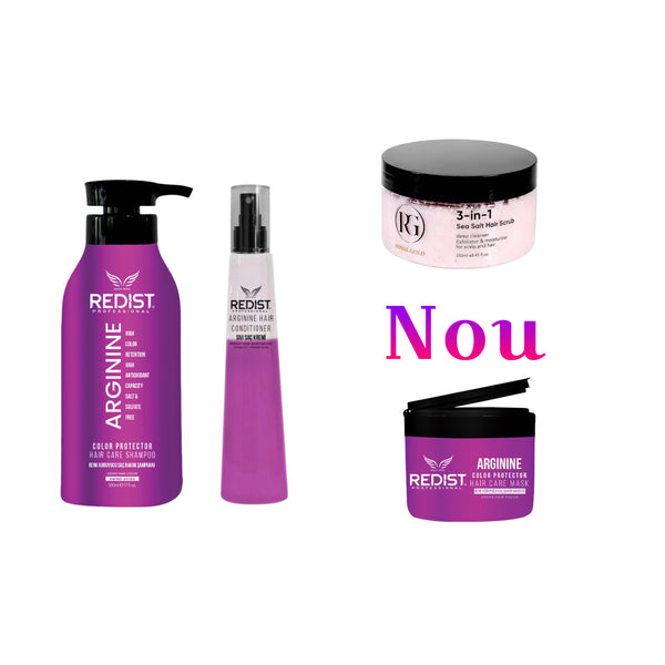 Gama Redist cu Arginine: Sampon cu Arginine 500 ml + Masca cu Arginine 250 ml + Balsam bifazic Arginine 225 ml + Scrub pentru scalp 3 în 1 Royal Gold 250 ml - Redist
