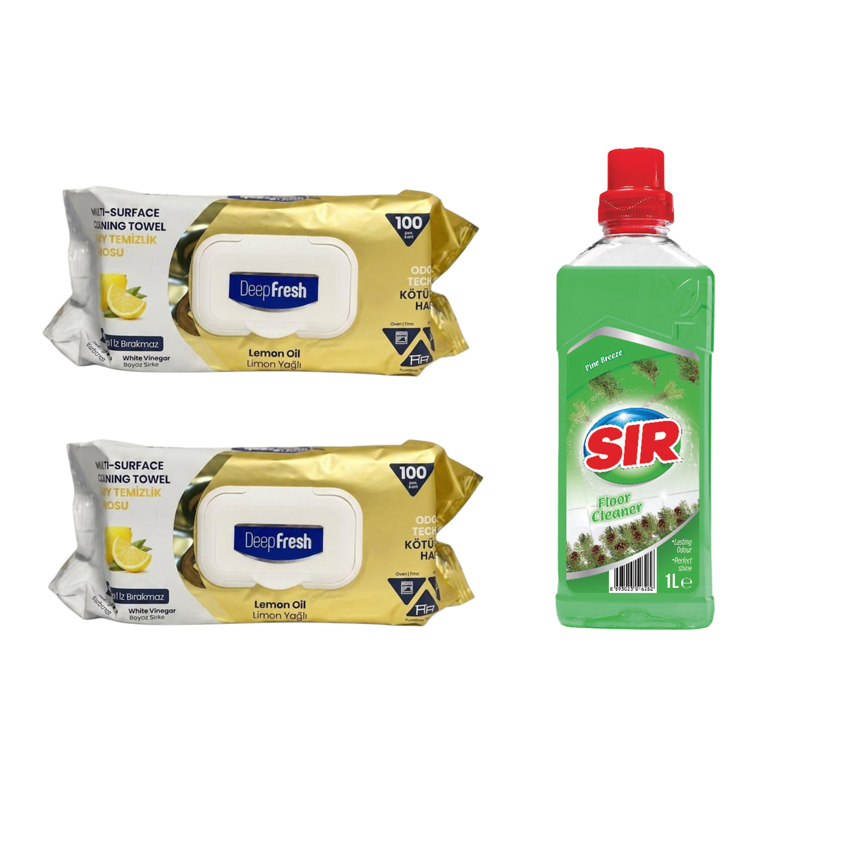 Şerveţele umede pentru multi suprafeţe cu Lămâie, bicarbonat şi oțet Deep Fresh Odor Lock Technology 100 de bucăți x 2 pachete + Soluție pentru suprafețe Sir Pin