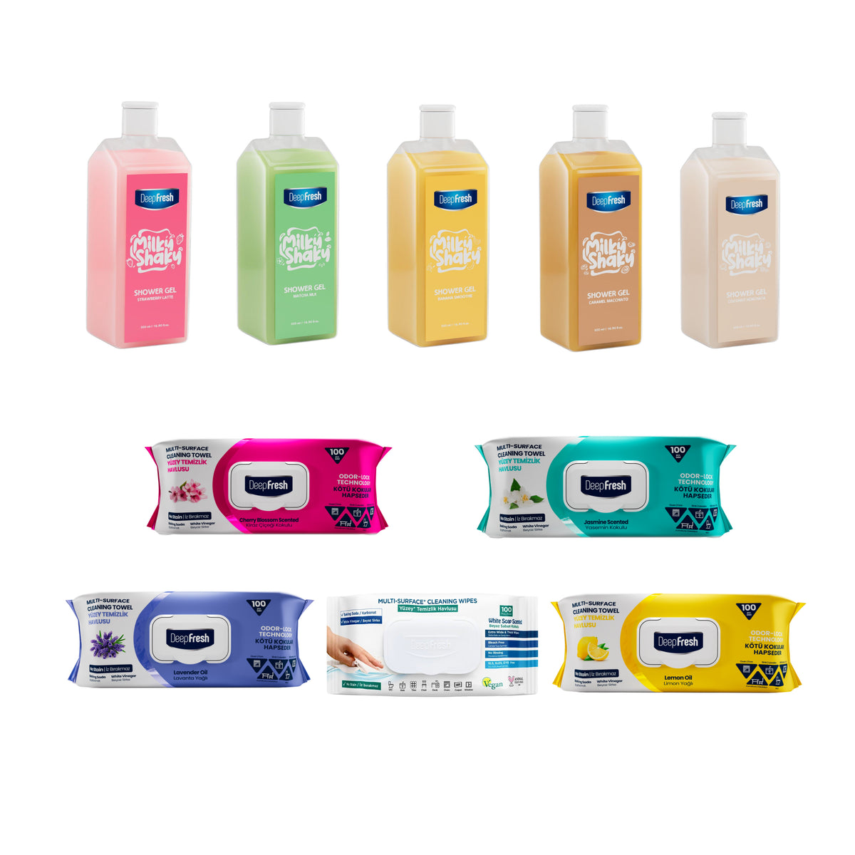4+1 Cadou Gel de duș Milky Shaky Deep Fresh + Şerveţele umede pentru multi suprafeţe cu bicarbonat şi oțet Deep Fresh Odor Lock Technology  100 bucăți x 5 pachete