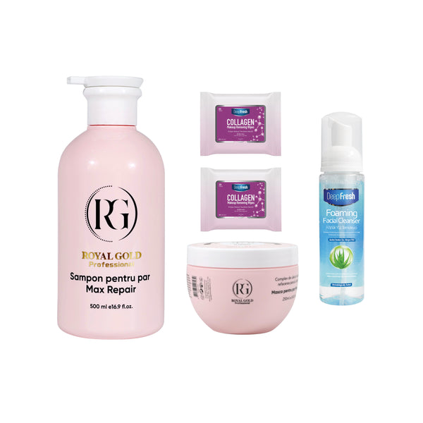Gama Pink Max Repair + 2 × Șervețele demachiante Colagen + Spumă curățare ten DeepFresh