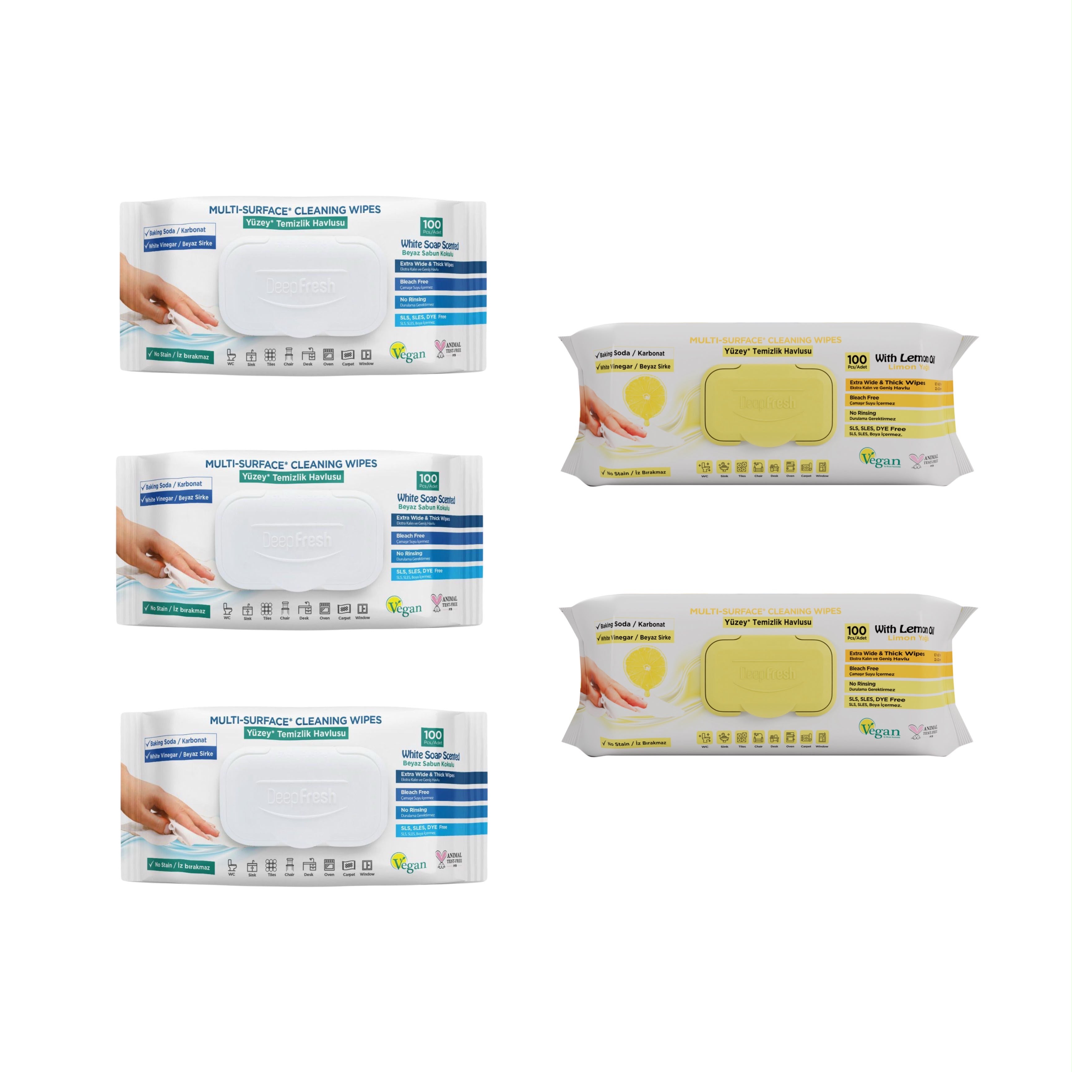 Şerveţele umede pentru multi suprafeţe cu bicarbonat şi oțet Clasice Deep Fresh 100 de bucăți × 3 pachete + Șervețele lămâie, bicarbonat şi oțet Deep Fresh 100 de bucăți × 2 pachete