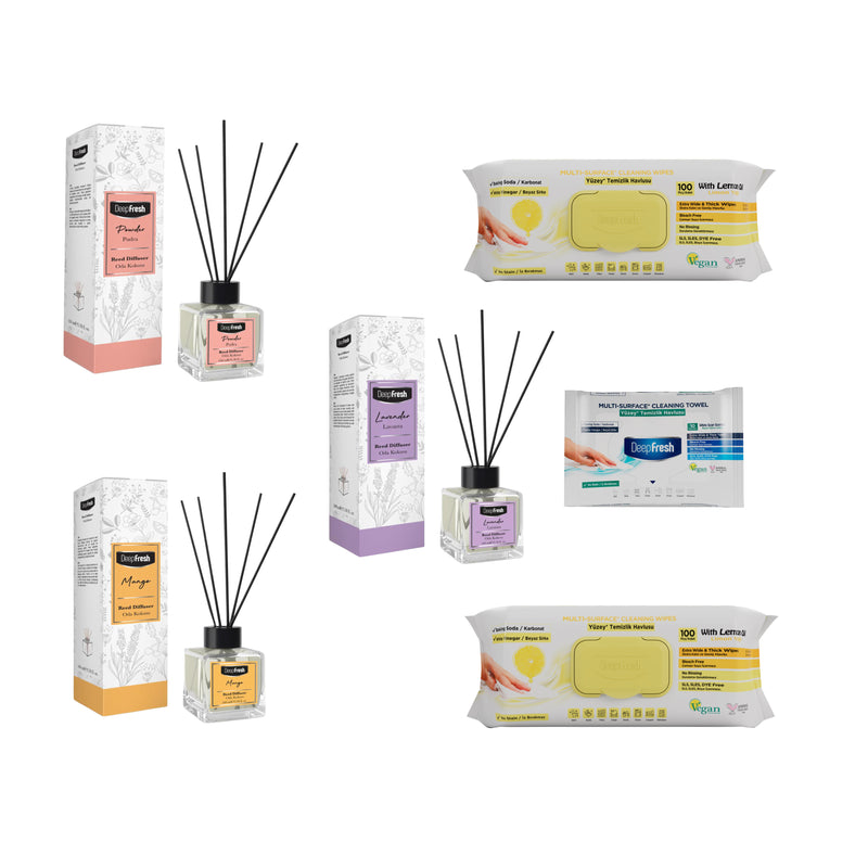 Odorizant de camera cu betisoare DeepFresh 100 ml × 3 bucaţi  + Şerveţele umede pentru multi suprafeţe cu lămâie , bicarbonat şi oțet Deep Fresh 100 de bucăți × 2 pachete  + Servetele umede DeepFresh 10 bucăți