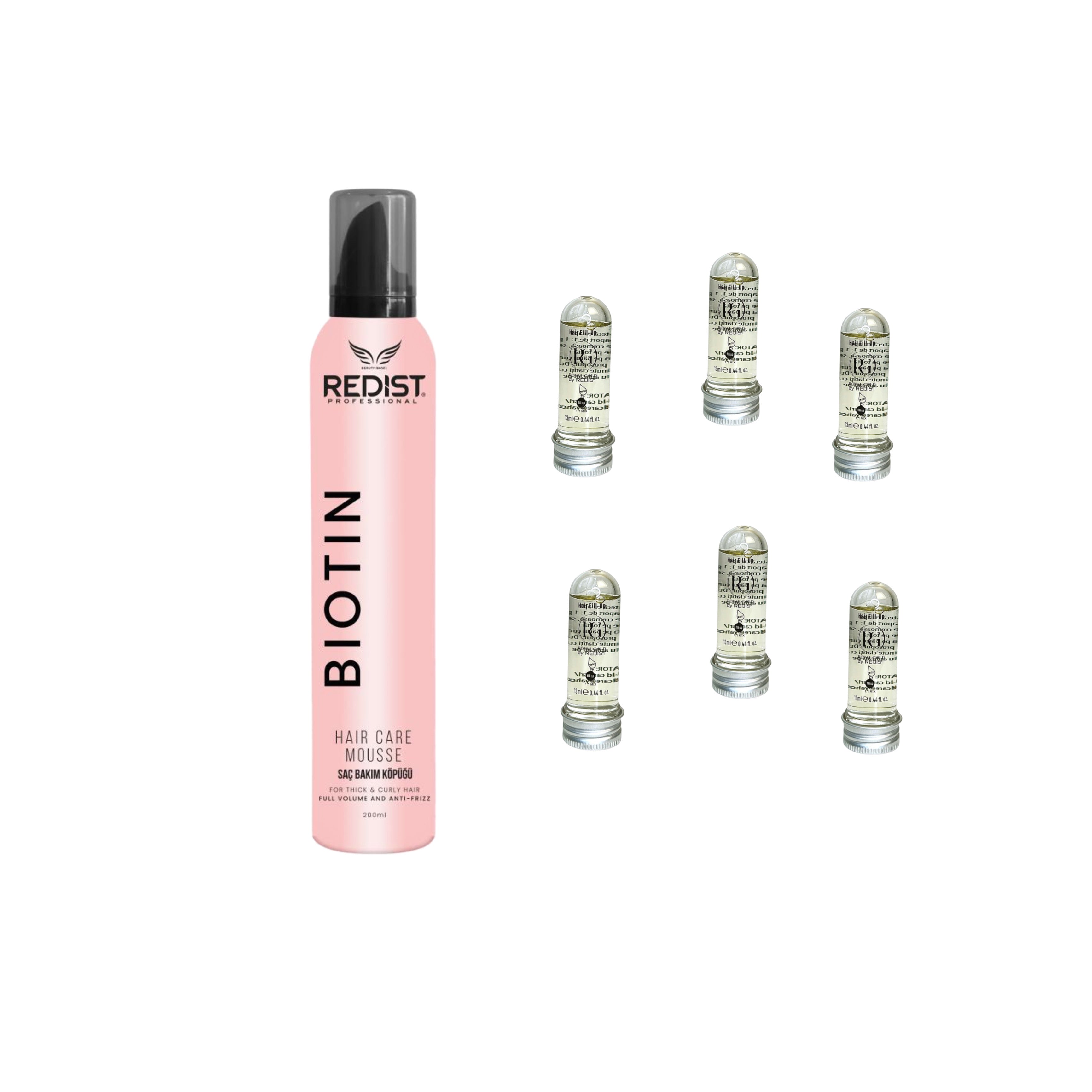Hair Care Mousse BIOTIN Redist + Mască de păr lichidă fiolă tratament Redist x 6 bucăți