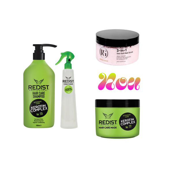 Gama profesionala cu Keratina : Sampon profesional cu Keratina Redist 1000 ml + Masca profesionala cu Keratina Redist 475 ml + Balsam Bifazic cu Keratina 400 ml + Scrub pentru scalp 3 în 1 Royal Gold 250 ml - Redist