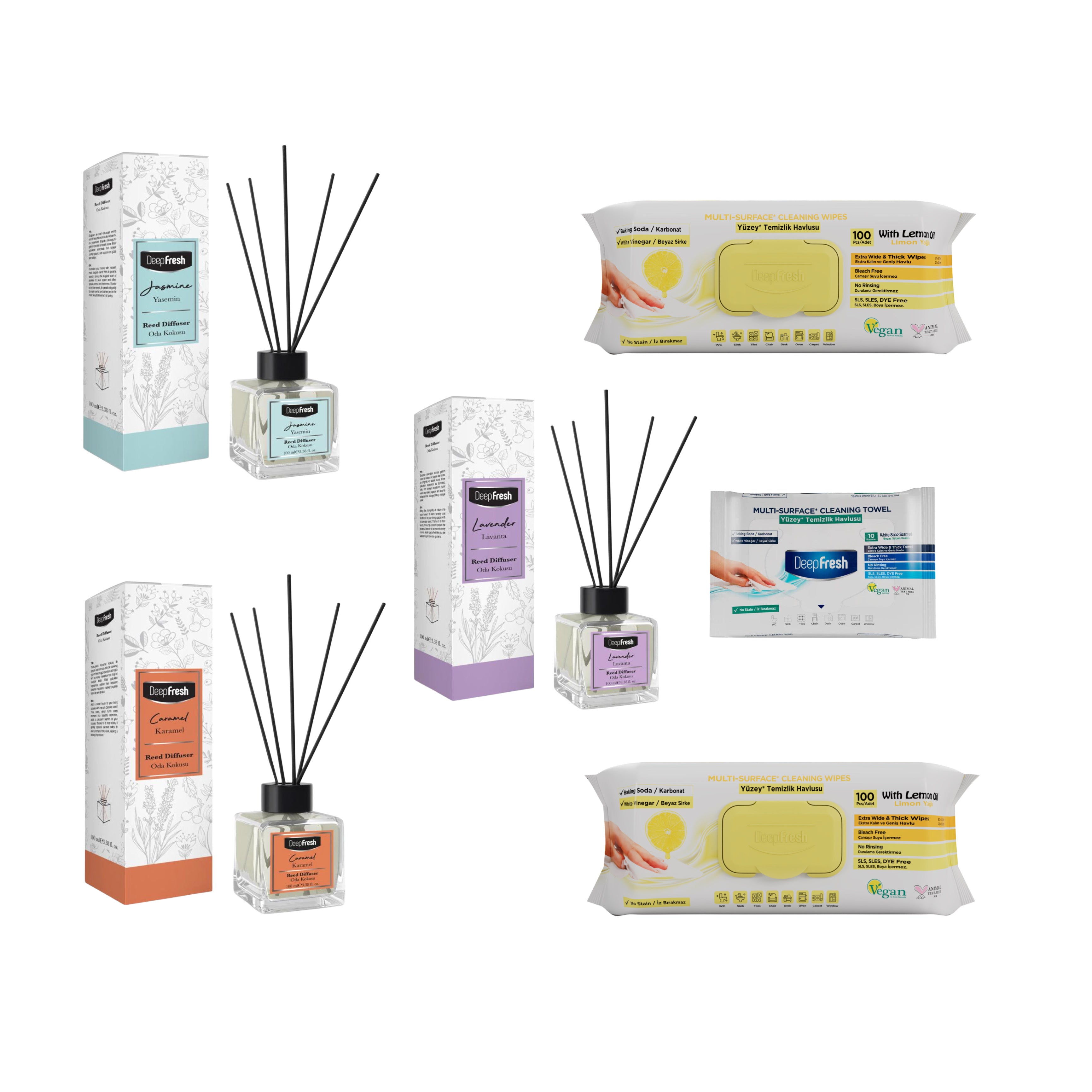 Odorizant de camera cu betisoare DeepFresh 100 ml × 3 bucaţi  + Şerveţele umede pentru multi suprafeţe cu lămâie , bicarbonat şi oțet Deep Fresh 100 de bucăți × 2 pachete  + Servetele umede DeepFresh 10 bucăți - Redist