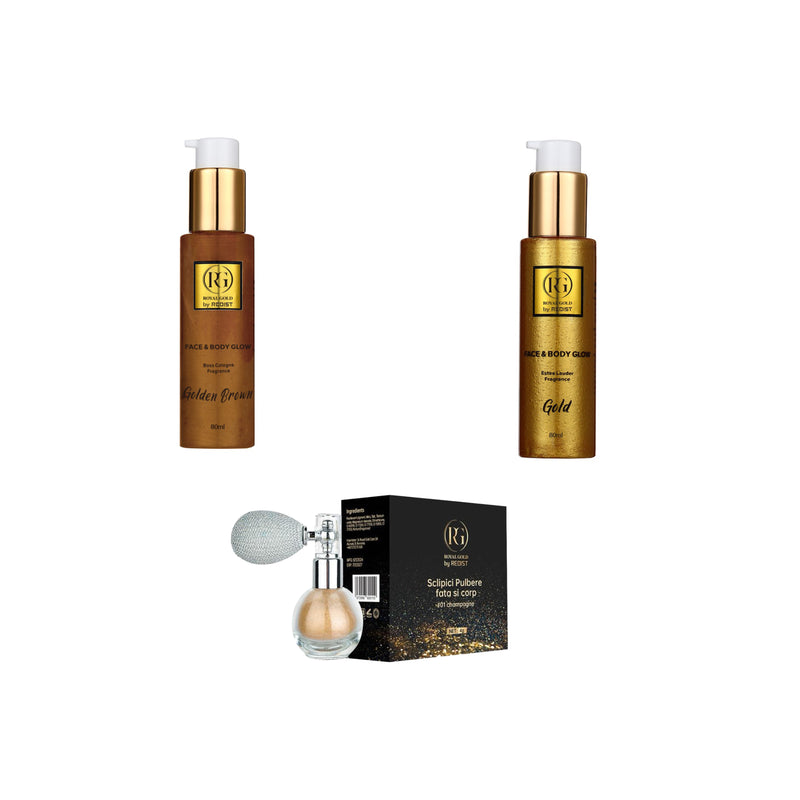 Ulei iluminator Face & Body Glow Golden Brown 80 ml + Ulei iluminator Face & Body Glow Gold Redist 80 ml + Sclipici pulbere pentru fata si corp Royal Gold by Redist #01 champagne 4g