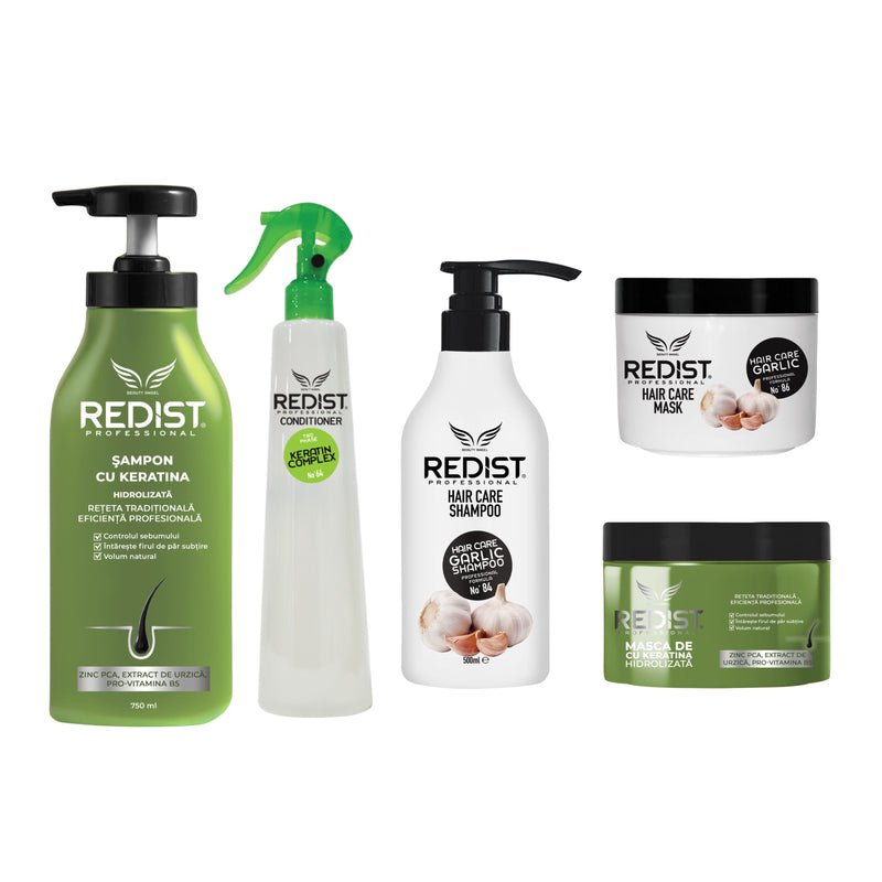 Gama Redist Keratină hidrolizată + Balsam bifazic keratină + Gama Redist cu usturoi